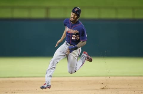 Apr 24, 2017; Arlington, TX, USA; Minnesota Twins center fielder Byron Buxton (25) scores from first base in the fifth inning against the Texas Rangers at Globe Life Park in Arlington. Mandatory Credit: Tim Heitman-USA TODAY Sports