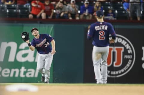 Apr 24, 2017; Arlington, TX, USA; Minnesota Twins right fielder Robbie Grossman (36) catches a fly ball in the game against the Texas Rangers at Globe Life Park in Arlington. Mandatory Credit: Tim Heitman-USA TODAY Sports