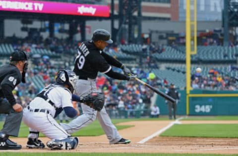 Apr 30, 2017; Detroit, MI, USA; Chicago White Sox first baseman Jose Abreu (79) hits an RBI triple against the Detroit Tigers in the first inning at Comerica Park. Mandatory Credit: Aaron Doster-USA TODAY Sports