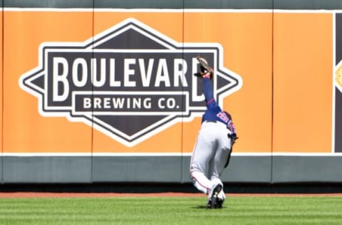 Apr 30, 2017; Kansas City, MO, USA; Minnesota Twins center fielder Byron Buxton (25) makes a catch in the second inning against the Kansas City Royals at Kauffman Stadium. Mandatory Credit: Denny Medley-USA TODAY Sports