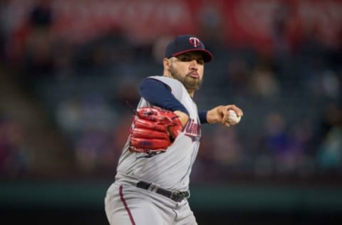 Apr 26, 2017; Arlington, TX, USA; Minnesota Twins starting pitcher Hector Santiago (53) pitches against the Texas Rangers during the game at Globe Life Park in Arlington. Mandatory Credit: Jerome Miron-USA TODAY Sports