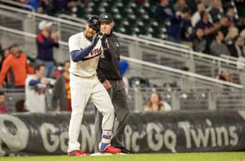 May 3, 2017; Minneapolis, MN, USA; Minnesota Twins center fielder Byron Buxton (25) celebrates after hitting a triple during the fourth inning against the Oakland Athletics at Target Field. Mandatory Credit: Jordan Johnson-USA TODAY Sports