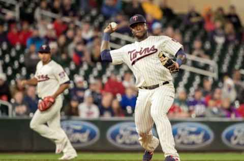 May 3, 2017; Minneapolis, MN, USA; Minnesota Twins third baseman Miguel Sano (22) throws to first for the out during the sixth inning against the Oakland Athletics at Target Field. Mandatory Credit: Jordan Johnson-USA TODAY Sports