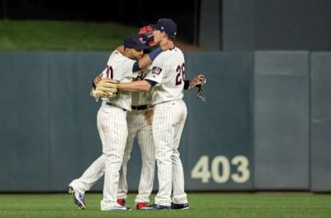 May 3, 2017; Minneapolis, MN, USA; Minnesota Twins left fielder Eddie Rosario (20) and center fielder Byron Buxton (25) and right fielder Max Kepler (26) celebrate after the game against the Oakland Athletics at Target Field. Mandatory Credit: Jordan Johnson-USA TODAY Sports