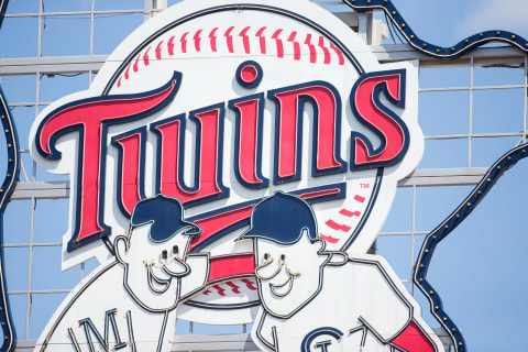 May 4, 2017; Minneapolis, MN, USA; The Minnesota Twins logo in center field during a game against the Oakland Athletics at Target Field. Mandatory Credit: Brad Rempel-USA TODAY Sports