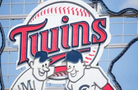 May 4, 2017; Minneapolis, MN, USA; The Minnesota Twins logo in center field during a game against the Oakland Athletics at Target Field. Mandatory Credit: Brad Rempel-USA TODAY Sports