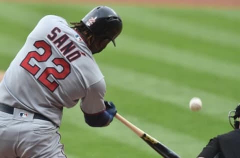 May 12, 2017; Cleveland, OH, USA; Minnesota Twins third baseman Miguel Sano (22) hits a home run during the first inning against the Cleveland Indians at Progressive Field. Mandatory Credit: Ken Blaze-USA TODAY Sports