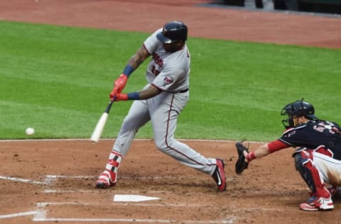 May 12, 2017; Cleveland, OH, USA; Minnesota Twins designated hitter Kennys Vargas (19) hits a single during the fourth inning against the Cleveland Indians at Progressive Field. Mandatory Credit: Ken Blaze-USA TODAY Sports