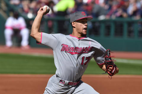 May 13, 2017; Cleveland, OH, USA; Minnesota Twins pitcher Jose Berrios (17) throws a pitch during the first inning against the Cleveland Indians at Progressive Field. Mandatory Credit: Ken Blaze-USA TODAY Sports