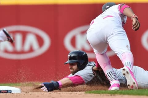 May 13, 2017; Cleveland, OH, USA; Minnesota Twins second baseman Brian Dozier (2) is caught stealing during the seventh inning by Cleveland Indians shortstop Francisco Lindor (12) at Progressive Field. Mandatory Credit: Ken Blaze-USA TODAY Sports