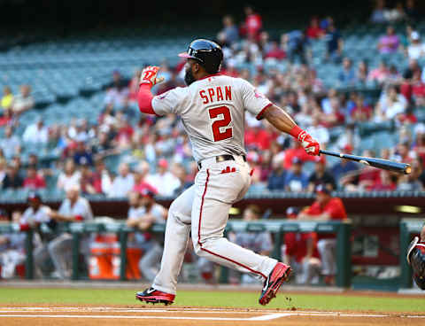 May 11, 2015; Phoenix, AZ, USA; Washington Nationals outfielder Denard Span hits a solo home run in the first inning against the Arizona Diamondbacks at Chase Field. Mandatory Credit: Mark J. Rebilas-USA TODAY Sports