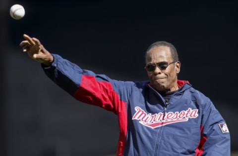 Apr 11, 2016; Minneapolis, MN, USA; Minnesota Twins hall of fame player Rod Carew throws out a ceremonial first pitch before the game between the Twins and the Chicago White Sox at Target Field. Mandatory Credit: Bruce Kluckhohn-USA TODAY Sports