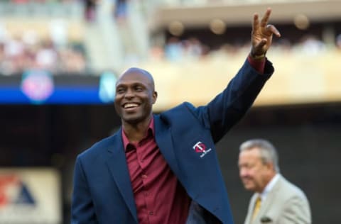 Jul 16, 2016; Minneapolis, MN, USA; Former Minnesota Twin Torii Hunter salutes the crowd after being elected to the Minnesota Twins hall of fame before the game against the Cleveland Indians at Target Field. Mandatory Credit: Brad Rempel-USA TODAY Sports