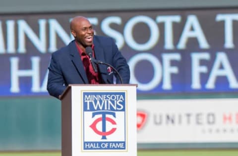 Jul 16, 2016; Minneapolis, MN, USA; Minnesota Twins former player Torii Hunter gives his Twins Hall of Fame speech before the game against the Cleveland Indians at Target Field. Mandatory Credit: Brad Rempel-USA TODAY Sports