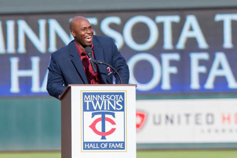 Jul 16, 2016; Minneapolis, MN, USA; Minnesota Twins former player Torii Hunter gives his Twins Hall of Fame speech before the game against the Cleveland Indians at Target Field. Mandatory Credit: Brad Rempel-USA TODAY Sports