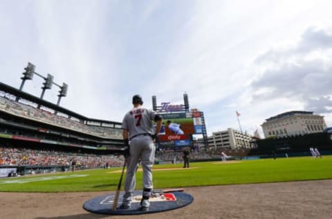 Sep 15, 2016; Detroit, MI, USA; Minnesota Twins designated hitter waits to bat in the second inning against the Detroit Tigers Joe Mauer (7) at Comerica Park. Mandatory Credit: Rick Osentoski-USA TODAY Sports