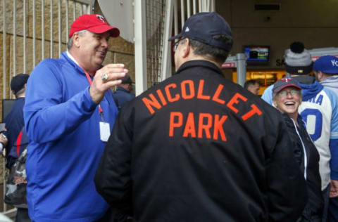 Apr 3, 2017; Minneapolis, MN, USA; Minnesota Twins former first baseman Kent Hrbek greets fans as the gates open for the game with the Kansas City Royals at Target Field. Mandatory Credit: Bruce Kluckhohn-USA TODAY Sports