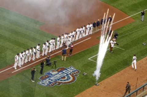 Apr 3, 2017; Minneapolis, MN, USA; The Minnesota Twins announce their Opening Day line up against the Kansas City Royals at Target Field. The Twins won 7-1. Mandatory Credit: Bruce Kluckhohn-USA TODAY Sports