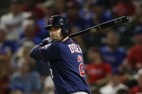 Apr 24, 2017; Arlington, TX, USA; Minnesota Twins second baseman Brian Dozier (2) stands the warm up circle in the game against the Texas Rangers at Globe Life Park in Arlington. Mandatory Credit: Tim Heitman-USA TODAY Sports