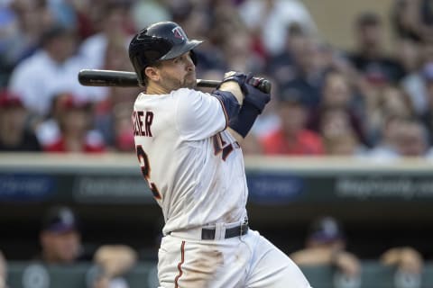 May 16, 2017; Minneapolis, MN, USA; Minnesota Twins second baseman Brian Dozier (2) hits a RBI double in the second inning against the Colorado Rockies at Target Field. Mandatory Credit: Jesse Johnson-USA TODAY Sports