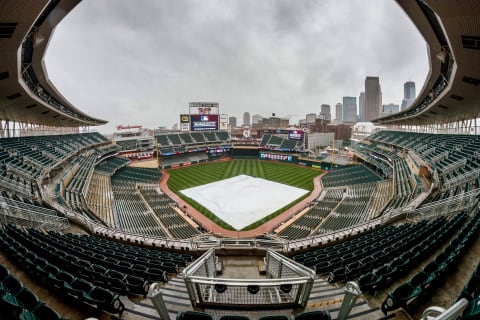 May 20, 2017; Minneapolis, MN, USA; A general view of the field after the weather postponed a game between the Kansas City Royals and the Minnesota Twins at Target Field. Mandatory Credit: Jordan Johnson-USA TODAY Sports