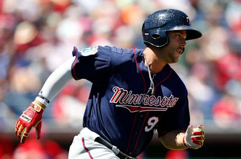 Mar 22, 2016; Clearwater, FL, USA; Minnesota Twins designated hitter Daniel Palka (99) runs to first after he hits a home run against the Philadelphia Phillies during the fourth inning at Bright House Field. Mandatory Credit: Butch Dill-USA TODAY Sports