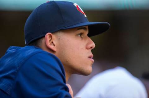 Aug 14, 2016; Minneapolis, MN, USA; Minnesota Twins pitcher Jose Berrios (17) in the dugout in the ninth inning against the Kansas City Royals at Target Field. The Kansas City Royals beat the Minnesota Twins 11-4. Mandatory Credit: Brad Rempel-USA TODAY Sports