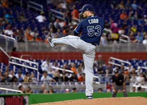 May 2, 2017; Miami, FL, USA; Tampa Bay Rays starting pitcher Alex Cobb (53) delivers a pitch during the second inning against the Miami Marlins at Marlins Park. Mandatory Credit: Steve Mitchell-USA TODAY Sports