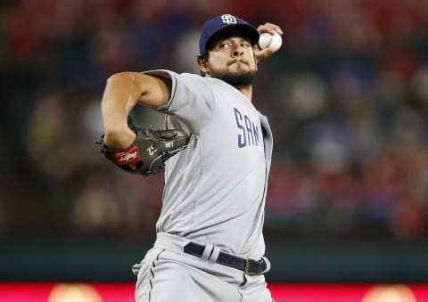 May 10, 2017; Arlington, TX, USA; San Diego Padres relief pitcher Brad Hand delivers a pitch to the Texas Rangers during a baseball game at Globe Life Park in Arlington. Mandatory Credit: Jim Cowsert-USA TODAY Sports