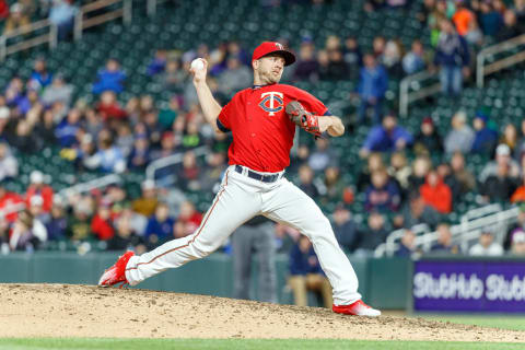 May 19, 2017; Minneapolis, MN, USA;Minnesota Twins relief pitcher Brandon Kintzler (27) delivers a pitch during the tenth inning at Target Field. Mandatory Credit: Jordan Johnson-USA TODAY Sports