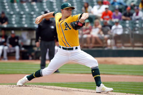 May 24, 2017; Oakland, CA, USA; Oakland Athletics starting pitcher Sonny Gray (54) pitches against the Miami Marlins during the first inning at Oakland Coliseum. Mandatory Credit: Stan Szeto-USA TODAY Sports