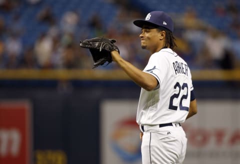 Jun 6, 2017; St. Petersburg, FL, USA; Tampa Bay Rays starting pitcher Chris Archer (22) reacts after he gave up a solo home during the seventh inning against the Chicago White Sox at Tropicana Field. Mandatory Credit: Kim Klement-USA TODAY Sports