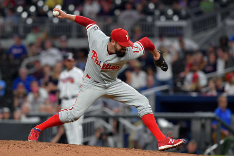 Jun 6, 2017; Atlanta, GA, USA; Philadelphia Phillies relief pitcher Pat Neshek (17) pitches against the Atlanta Braves during the ninth inning at SunTrust Park. Mandatory Credit: Dale Zanine-USA TODAY Sports