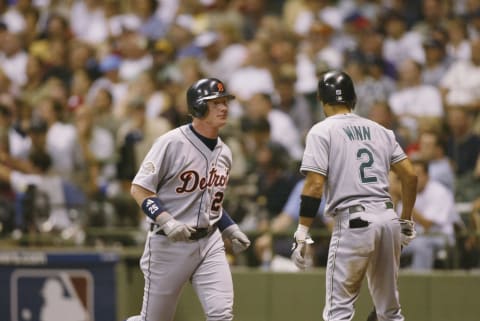 MILWAUKEE, WI – JULY 9: American League All-Star right fielder Robert Fick #25 of the Detroit Tigers and Randy Winn #2 of the Tampa Bay Devil Rays during the MLB All-Star Game July 9, 2002, at Miller Park. The game ended in a 7-7 tie. (Photo By Andy Lyons/Getty Images)