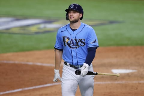 ARLINGTON, TEXAS – OCTOBER 25: Austin Meadows #17 of the Tampa Bay Rays reacts after striking out against the Los Angeles Dodgers during the ninth inning in Game Five of the 2020 MLB World Series at Globe Life Field on October 25, 2020 in Arlington, Texas. Meadows largely struggled in both the regular and postseason in 2020 and will look to bounce back this year. (Photo by Ronald Martinez/Getty Images)