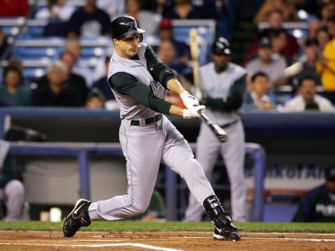 Rocco Baldelli #5 of the Tampa Bay Devil Rays hits a lead off home run against the New York Yankees on September 13, 2006 at Yankee Stadium (Photo by Jim McIsaac/Getty Images)