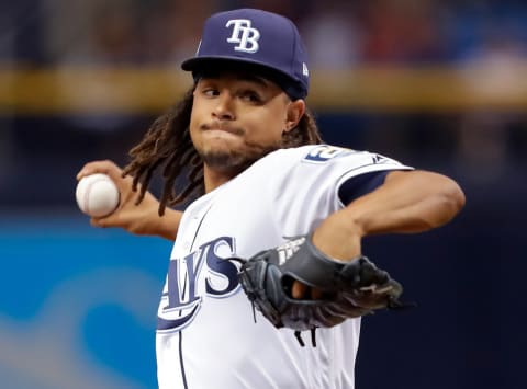 ST. PETERSBURG, FL – JULY 9: Chris Archer #22 of the Tampa Bay Rays throws in the first inning of a baseball game against the Detroit Tigers at Tropicana Field on July 9, 2018 in St. Petersburg, Florida. Archer returns for his second stint with the Rays after two and half seasons in Pittsburgh. (Photo by Mike Carlson/Getty Images)