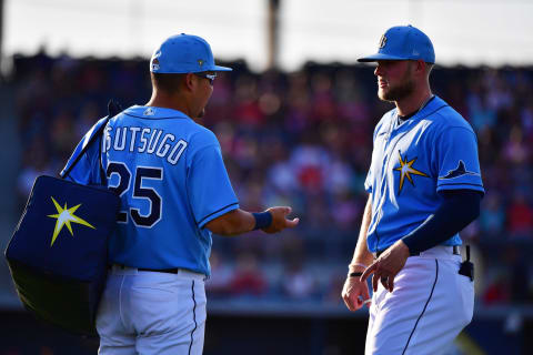 PORT CHARLOTTE, FLORIDA – MARCH 11: Yoshitomo Tsutsugo #25 and Austin Meadows #17 of the Tampa Bay Rays (Photo by Julio Aguilar/Getty Images)