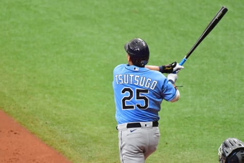 Yoshitomo Tsutsugo #25 of the Tampa Bay Rays (Photo by Julio Aguilar/Getty Images)