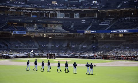 Tampa Bay Rays pitchers walk to the bullpen before game two of the 2020 ALCS at Petco Park. Mandatory Credit: Robert Hanashiro-USA TODAY Sports