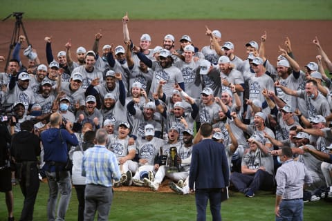 Tampa Bay Rays celebrate the victory against the Houston Astros following game seven of the 2020 ALCS at Petco Park. Mandatory Credit: Orlando Ramirez-USA TODAY Sports