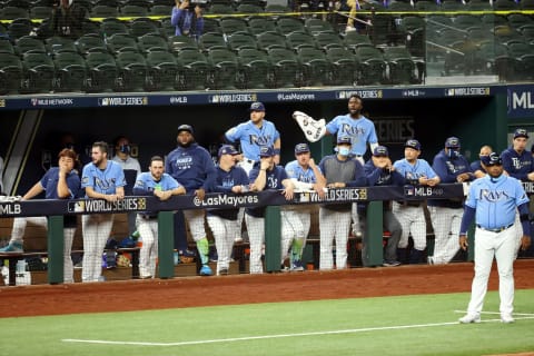 The Tampa Bay Rays dugout during the ninth inning against the Los Angeles Dodgers during game five of the 2020 World Series at Globe Life Field. Mandatory Credit: Kevin Jairaj-USA TODAY Sports