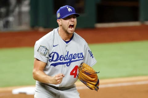 Los Angeles Dodgers relief pitcher Blake Treinen (49) reacts after striking out Tampa Bay Rays shortstop Willy Adames (not pictured) to end the ninth inning of game five of the 2020 World Series at Globe Life Field. The Los Angeles Dodgers won 4-2. Mandatory Credit: Kevin Jairaj-USA TODAY Sports