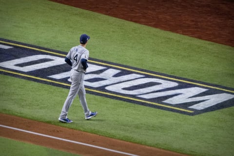 Tampa Bay Rays starting pitcher Blake Snell (4) walks off the field after he pitches against the Los Angeles Dodgers during the fourth inning in game six of the 2020 World Series at Globe Life Field. Mandatory Credit: Jerome Miron-USA TODAY Sports