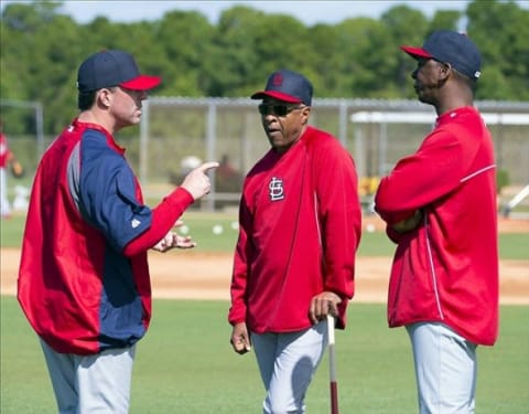 Feb 18, 2013; St. Louis, MO, USA; St. Louis Cardinals former players Jim Edmonds (L) Ozzie Smith and Willie McGee chat during Spring Training workouts at Roger Dean Stadium. Image Credit: Scott Rovak-USA TODAY Sports