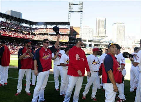 Sep 29, 2013; St. Louis, MO, USA; St. Louis Cardinals salute their fans after defeating the Chicago Cubs at Busch Stadium. St. Louis defeated Chicago 4-0 and clinched the best record in the National League. Image Credit: Jeff Curry-USA TODAY Sports