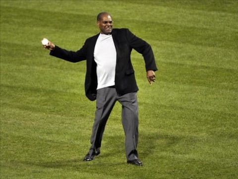 Oct 27, 2013; St. Louis, MO, USA; St. Louis Cardinals former player Bob Gibson throws out the ceremonial first pitch prior to game four of the MLB baseball World Series against the Boston Red Sox at Busch Stadium. Image Credit: Rob Grabowski-USA TODAY Sports