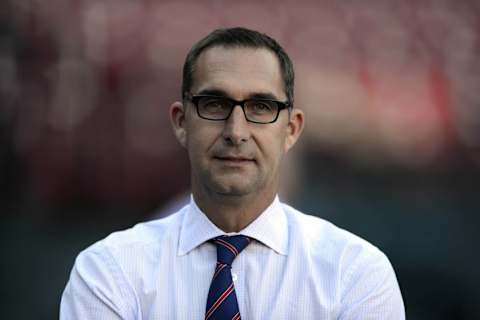 Oct 9, 2013; St. Louis, MO, USA; St. Louis Cardinals general manager John Mozeliak looks on before game five of the National League divisional series playoff baseball game against the Pittsburgh Pirates at Busch Stadium. Mandatory Credit: Jeff Curry-USA TODAY Sports