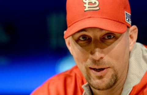 Oct 2, 2014; Los Angeles, CA, USA; St. Louis Cardinals starting pitcher Adam Wainwright (50) speaks to the media on the day before game one of the 2014 NLDS against the Los Angeles Dodgers at Dodgers Stadium. Image Credit: Jayne Kamin-Oncea-USA TODAY Sports