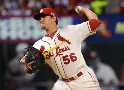 Oct 11, 2014; St. Louis, MO, USA; St. Louis Cardinals relief pitcher Marco Gonzales throws a pitch against the San Francisco Giants in the fifth inning in game one of the 2014 NLCS playoff baseball game at Busch Stadium. Mandatory Credit: Jeff Curry-USA TODAY Sports